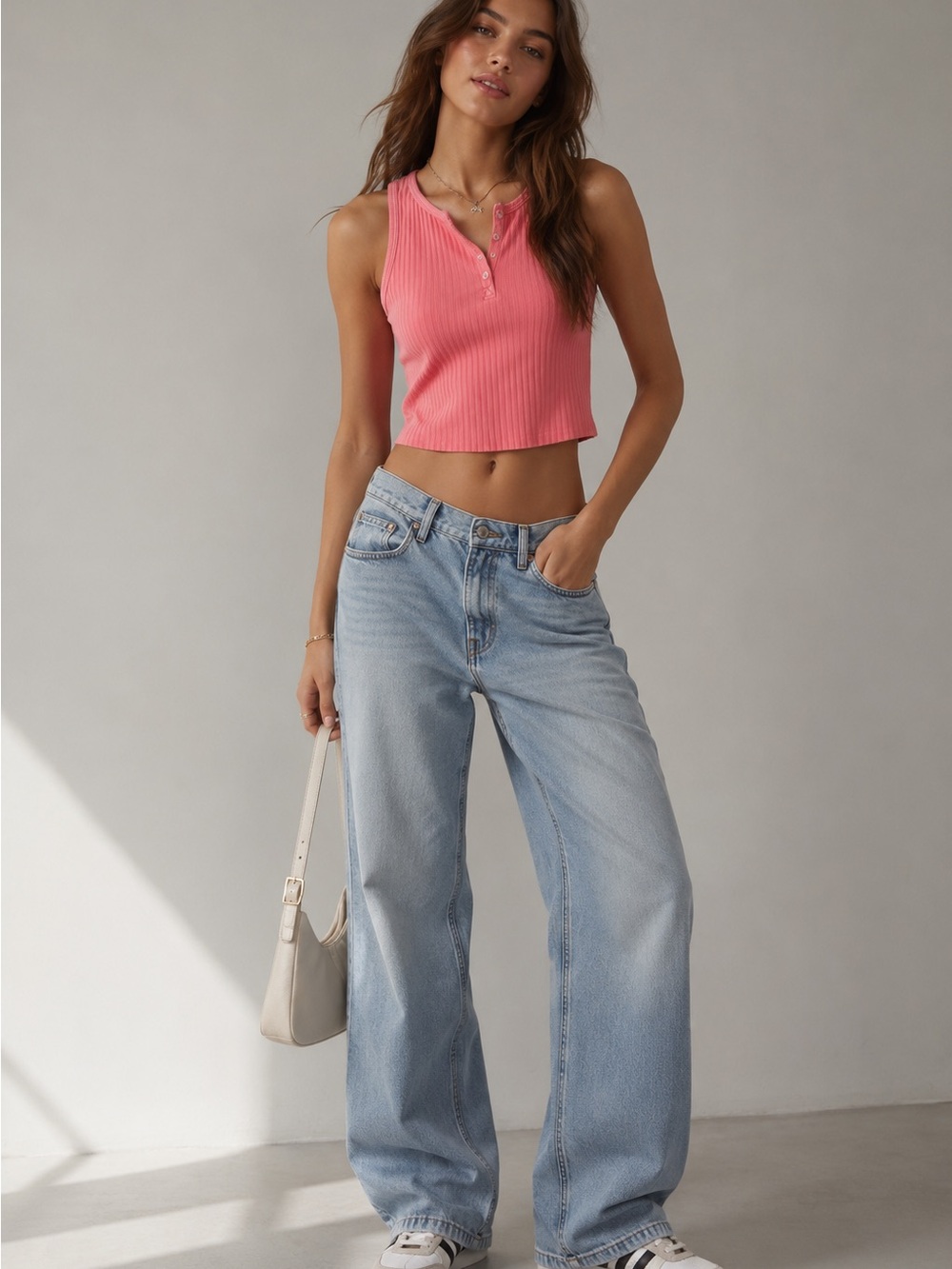 American Eagle Coral Pink Ribbed Henley Crop Tank Top Medium